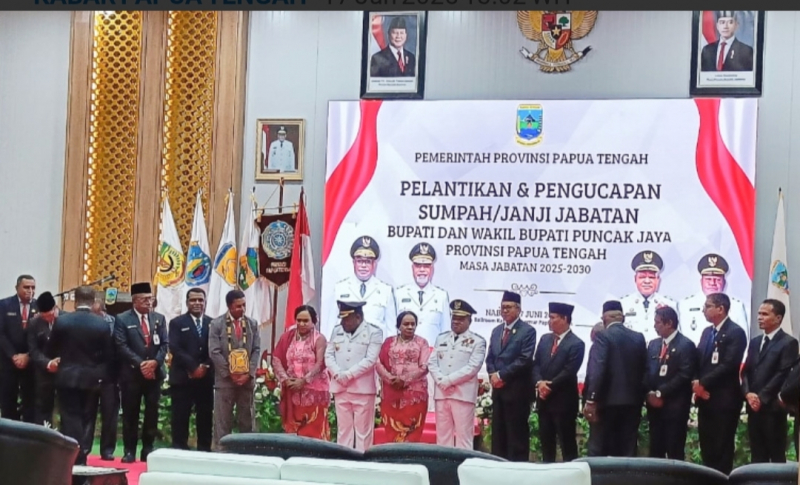 Gubernur Papua Tengah, Meki Nawipa, resmi melantik Yuni Wonda sebagai Bupati Puncak Jaya dan Mus Kogoya sebagai Wakil Bupati untuk masa jabatan 2025–2030