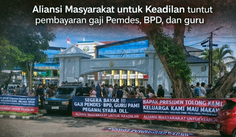 Aliansi Masyarakat untuk Keadilan menggelar aksi unjuk rasa di depan Kantor Gubernur Jambi dan Kejaksaan Tinggi (Kejati) Jambi, Senin (6/4/2026).