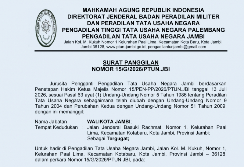 Surat Panggilan kepada Walikota Jambi sidang perdana di PTUN