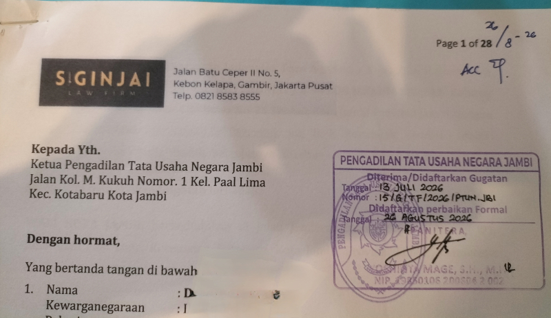 LBH Siginjai Resmi Daftarkan Perbaikan Formal atas Berkas Gugatan di PTSP PTUN Jambi.